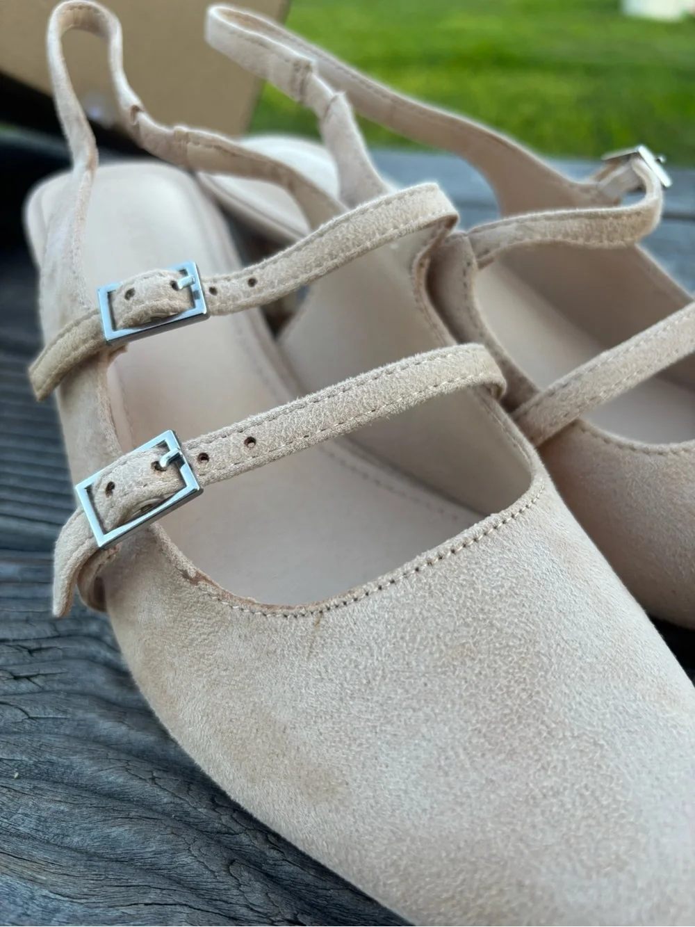 Pointed-Toe Slingback Pumps in Beige with Double Buckle Straps
